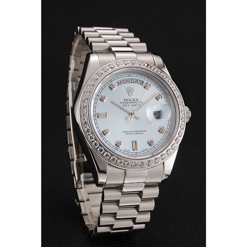High End Replica Watches Swiss Rolex Day-Date Ice Blue Dial Diamond Case Diamond Numerals Stainless Steel Bracelet 1453963-1