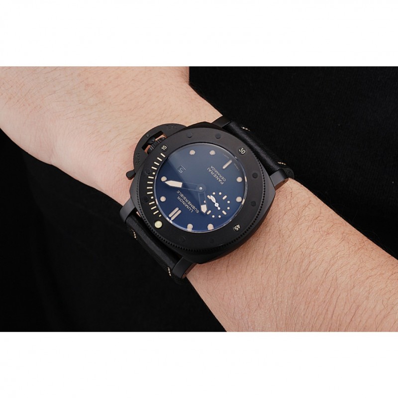 SS Panerai Luminor Submersible Black Dial Black Case Black Leather Strap-8