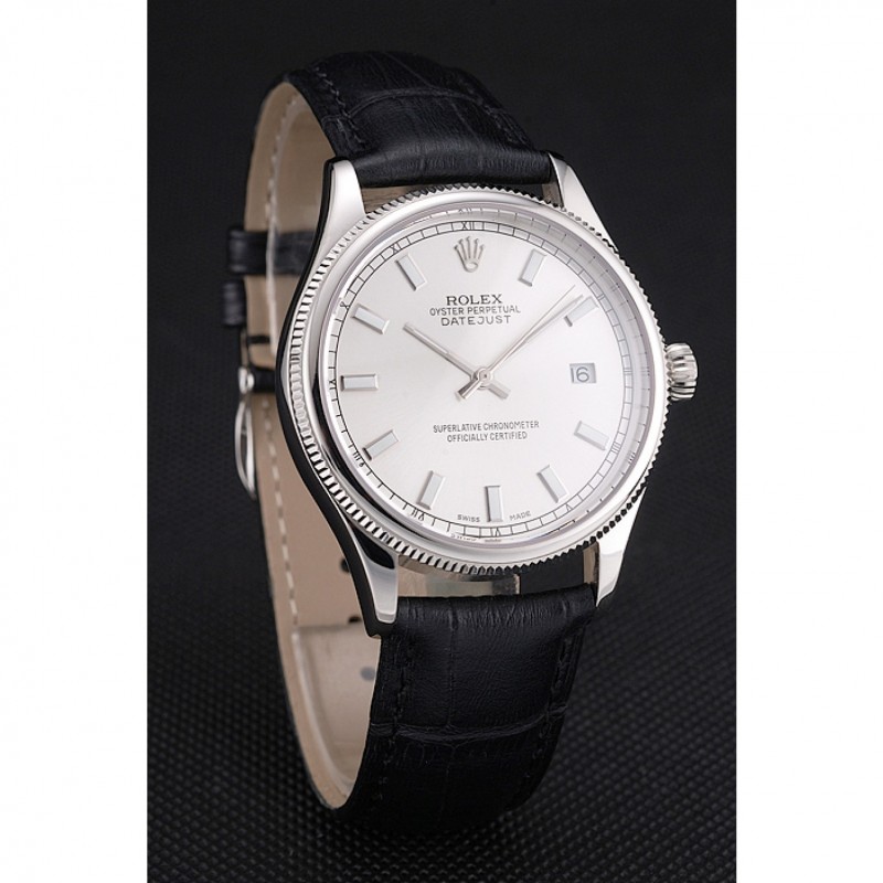 Swiss Rolex Datejust White Dial Stainless Steel Case Black Leather Strap-2