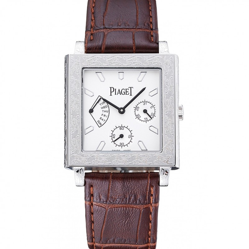 Piaget Emperador Limited Edition White Dial Engraved Silver Case Brown Leather Bracelet 1454138-0