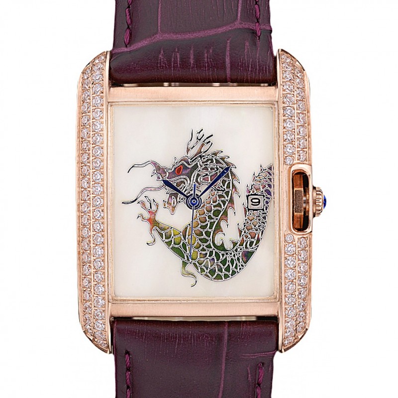 Cartier Tank Anglaise White Dragon Dial Diamonds Gold Case Purple Leather Bracelet-0