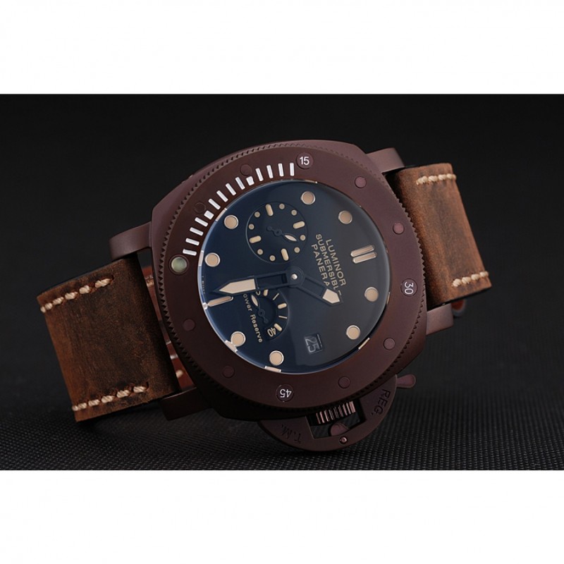 Cheap Replica Watches Panerai Luminor Submersible Black Dial Brown Case Brown Leather Strap-4