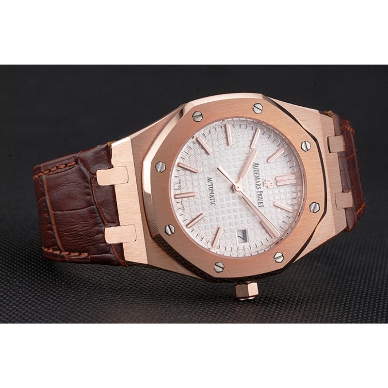 Swiss Audemars Piguet Royal Oak White Dial Gold Case Brown Leather Strap-3