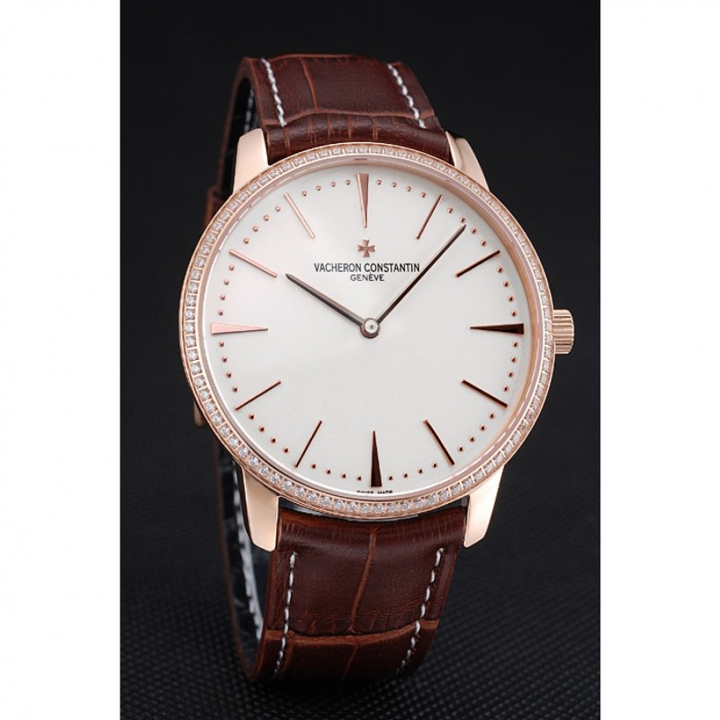 Swiss Vacheron Constantin Patrimony Grand Taille White Dial Rose Gold Diamonds Case Brown Leather Bracelet 1454171-2