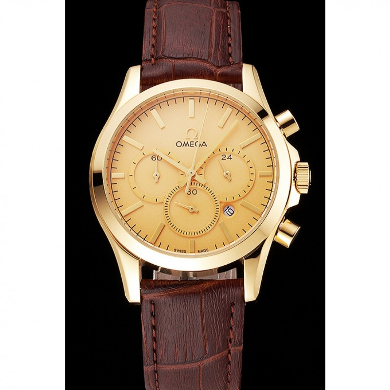 SS Replica Watches Omega Chronograph Gold Dial Gold Case Brown Leather Strap-1