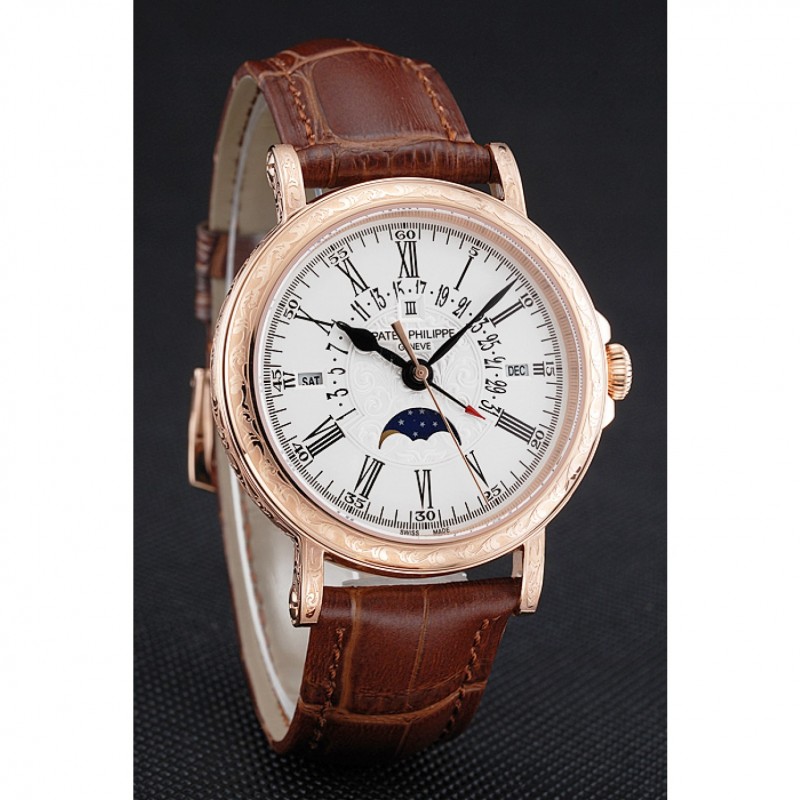 Patek Philippe Perpetual Calendar Retrograde Date White Dial Engraved Rose Gold Case Brown Leather Bracelet 1454148-2