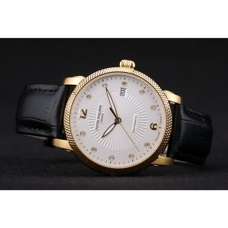 High Quality Replica Watches Patek Philippe Swiss Calatrava Ribbed Bezel White Dial Black Leather Strap 7642-4