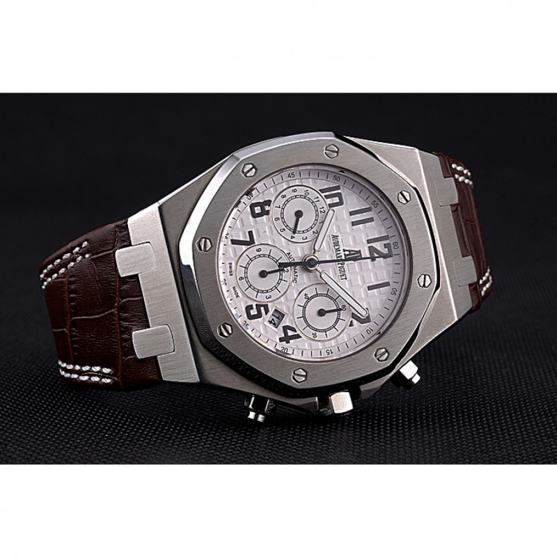 Swiss Audemars Piguet Royal Oak Chronograph White Dial Stainless Steel Case Brown Leather Strap 622864-3