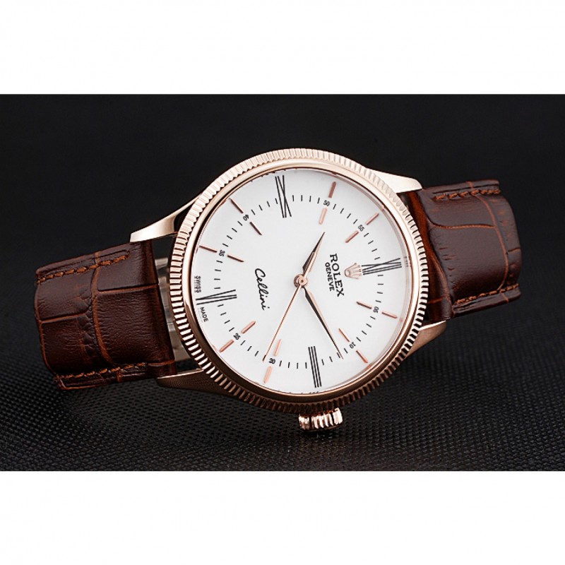 Swiss Rolex Cellini Time Gold Case White Dial Brown Leather Bracelet 622655-3