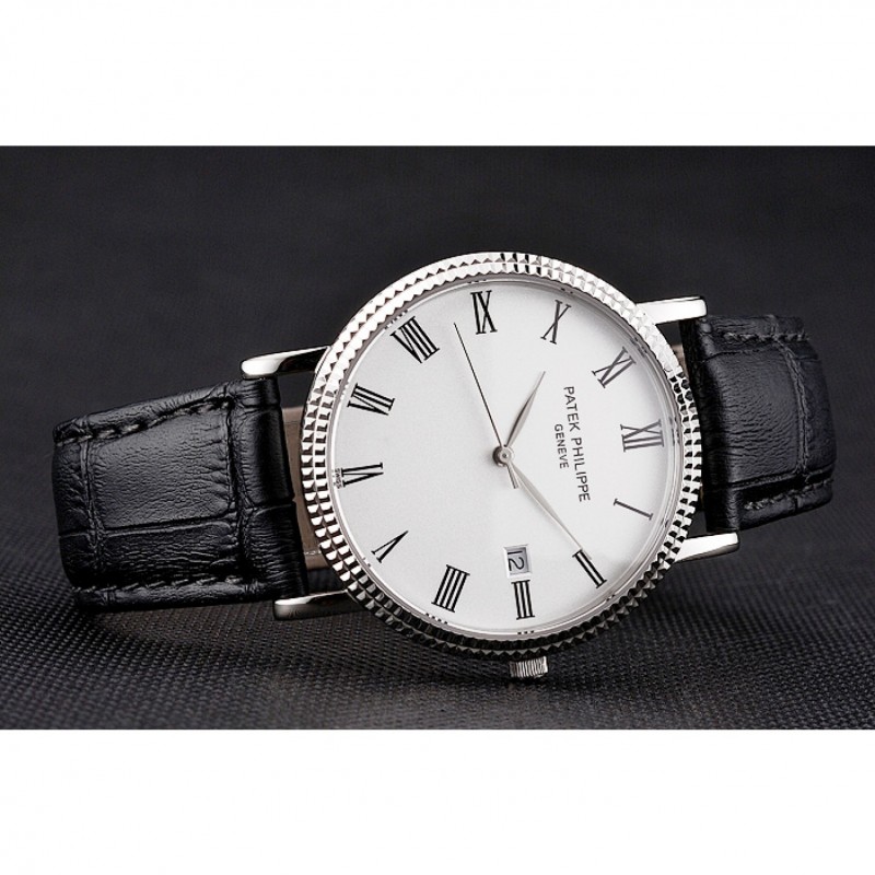 Patek Philippe Calatrava White Dial Roman Numerals Ribbed Bezel Stainless Steel Case Black Leather Strap-4