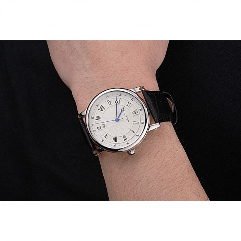 Cartier Rotonde Date White Dial Stainless Steel Case Black Leather Strap-8