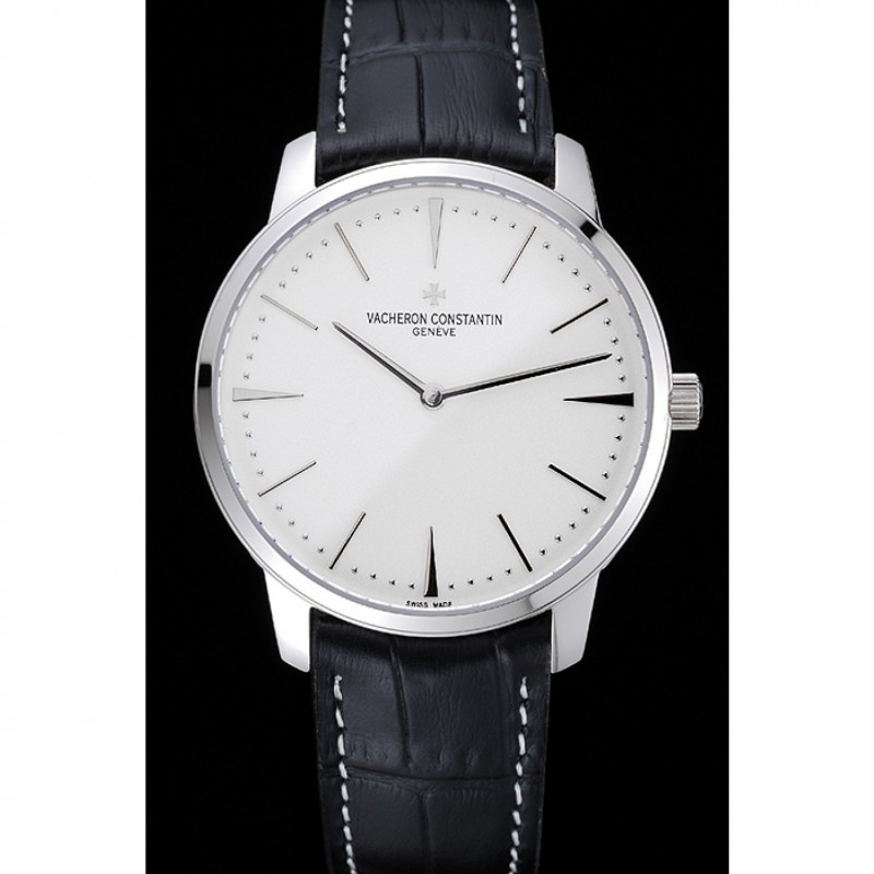 Swiss Vacheron Constantin Patrimony White Dial Silver Case Black Leather Bracelet 1454157-1