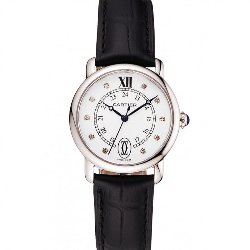 Cartier Ronde White Dial Diamond Hour Marks Stainless Steel Case Black Leather Strap-0