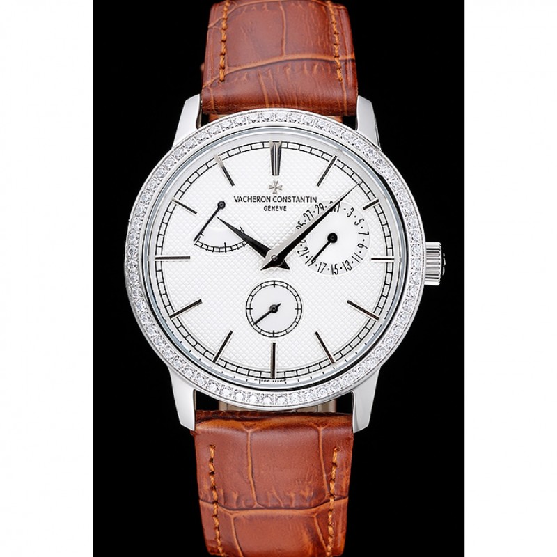 Vacheron Constantin Patrimony Power Reserve White Dial Silver Diamond Case Brown Leather Bracelet 1454266-1
