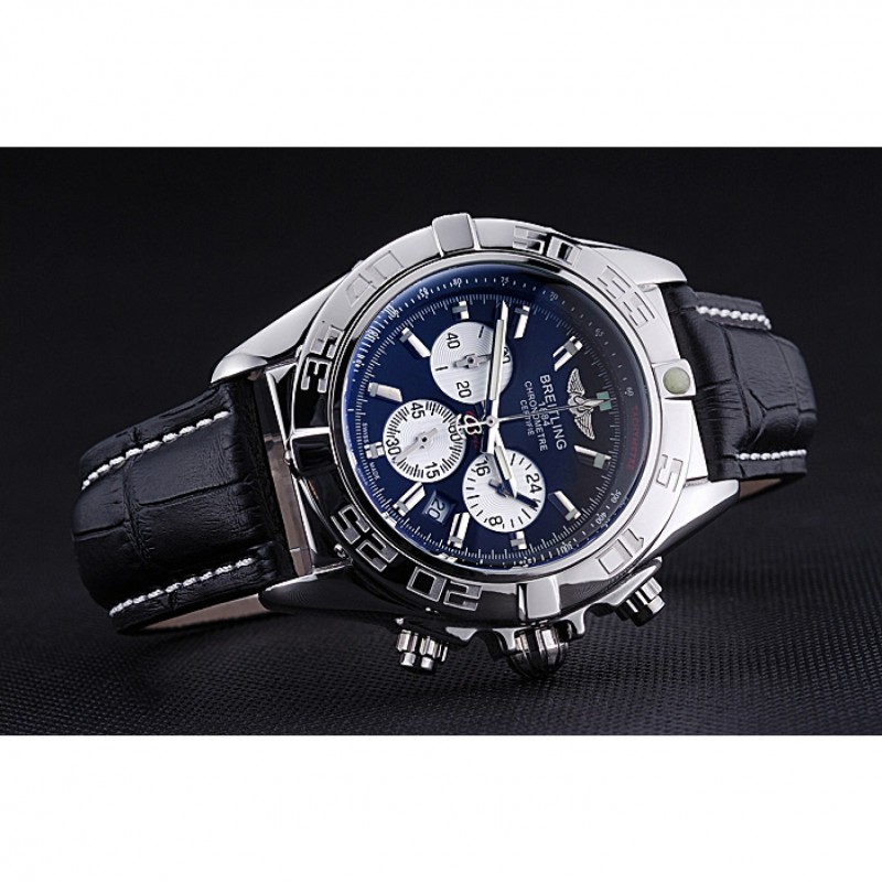 High Quality Breitling Chronomat 44 Black Dial with White Subdials Black Leather Bracelet 622511-3