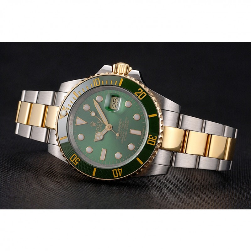 SS Replica Watches Swiss Rolex Submariner Green Dial And Bezel Two Tone Steel Gold Bracelet-4