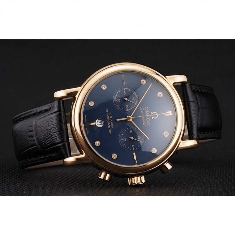 Omega Seamaster Vintage Chronograph Blue Dial Diamond Hour Marks Gold Case Black Leather Strap-4