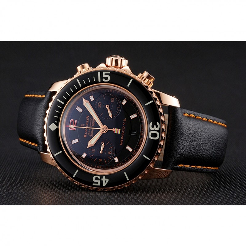 High Quality Swiss Blancpain Air Command Monaco YS Black Dial Rose Gold Case Black Leather Strap-3