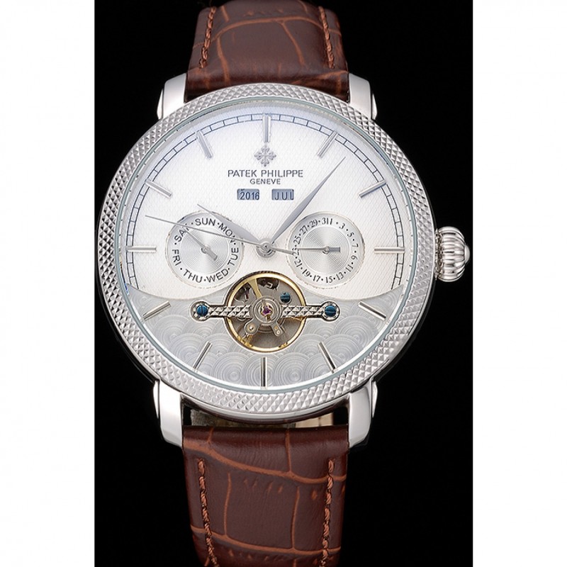 Patek Philippe Day Date Tourbillon White Dial Stainless Steel Case Embossed Bezel Brown Leather Strap 622837-1