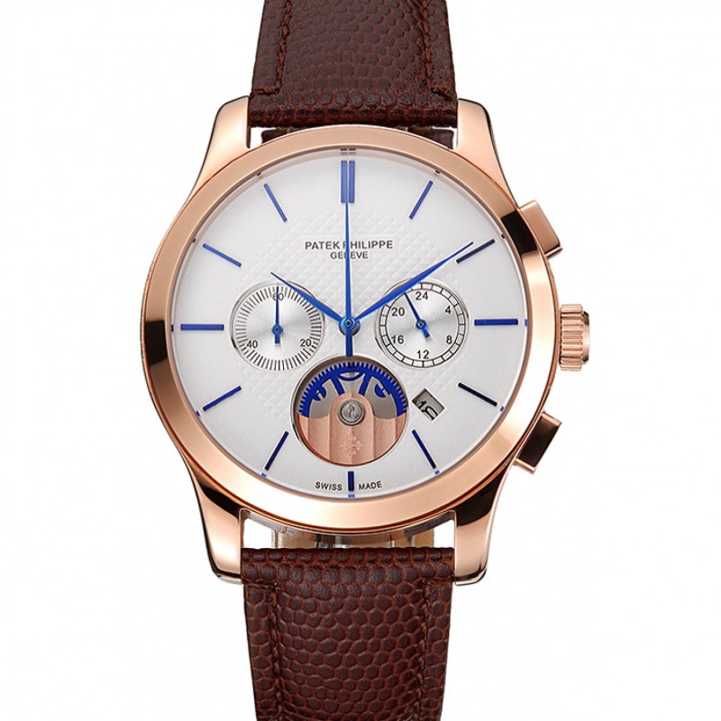 Patek Philippe Chronograph White Dial Rose Gold Case Brown Leather Strap-0