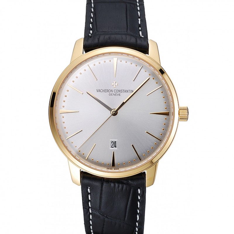 Swiss Vacheron Constantin Patrimony White Dial Gold Case Black Leather Bracelet 1454177-0