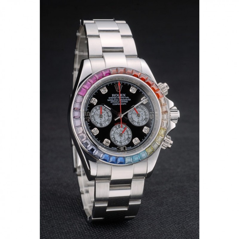 Rolex Daytona Cosmograph Rainbow Crystals Bezel Stainless Steep Strap Black Dial 80250-2