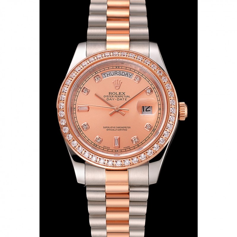 AAA Swiss Rolex Day-Date Diamonds Bezel Rose Gold And Staineless Steel Bracelet 1454107-1