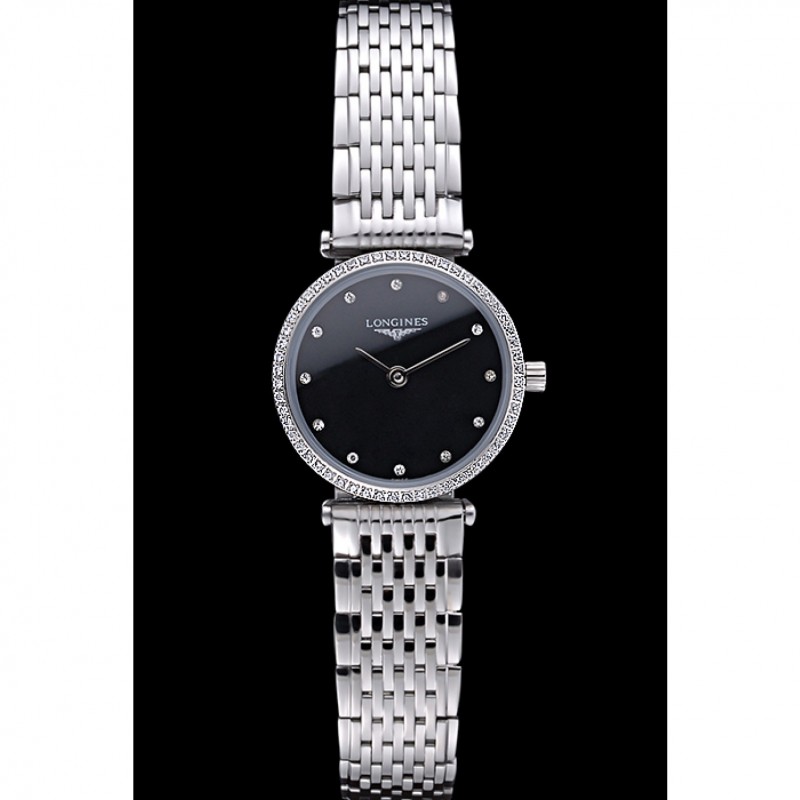 Longines La Grande Classique Stainless Steel Black Dial Diamond Bezel Femme 622108-1