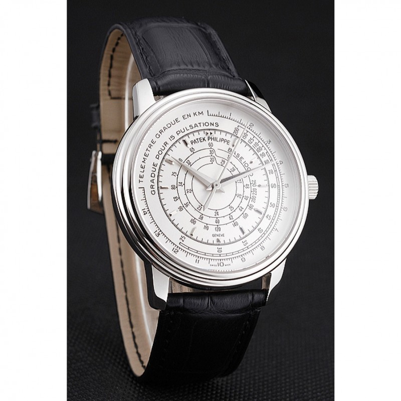 Swiss Patek Philippe Multi-Scale Chronograph White Dial Stainless Steel Case Black Leather Strap-2