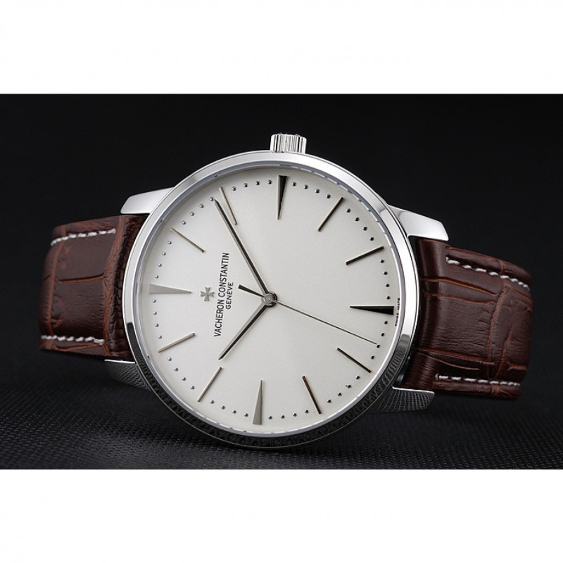 Swiss Vacheron Constantin Patrimony White Dial Silver Case Brown Leather Bracelet 1454158-3