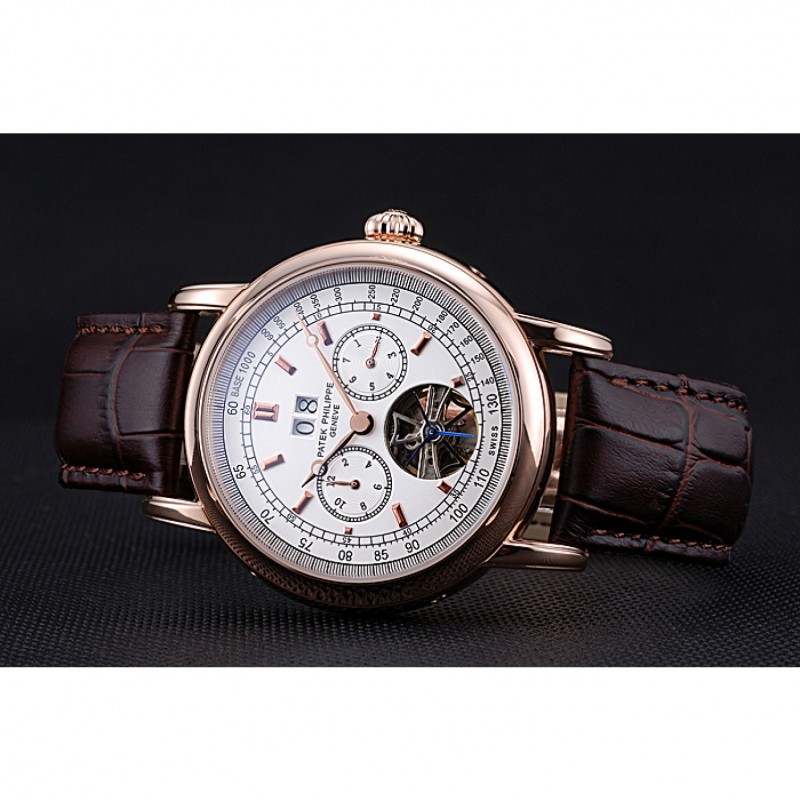 Patek Philippe Geneve Grand Complications White Dial Tourbillon Rose Gold Bezel Brown Band 622156-4