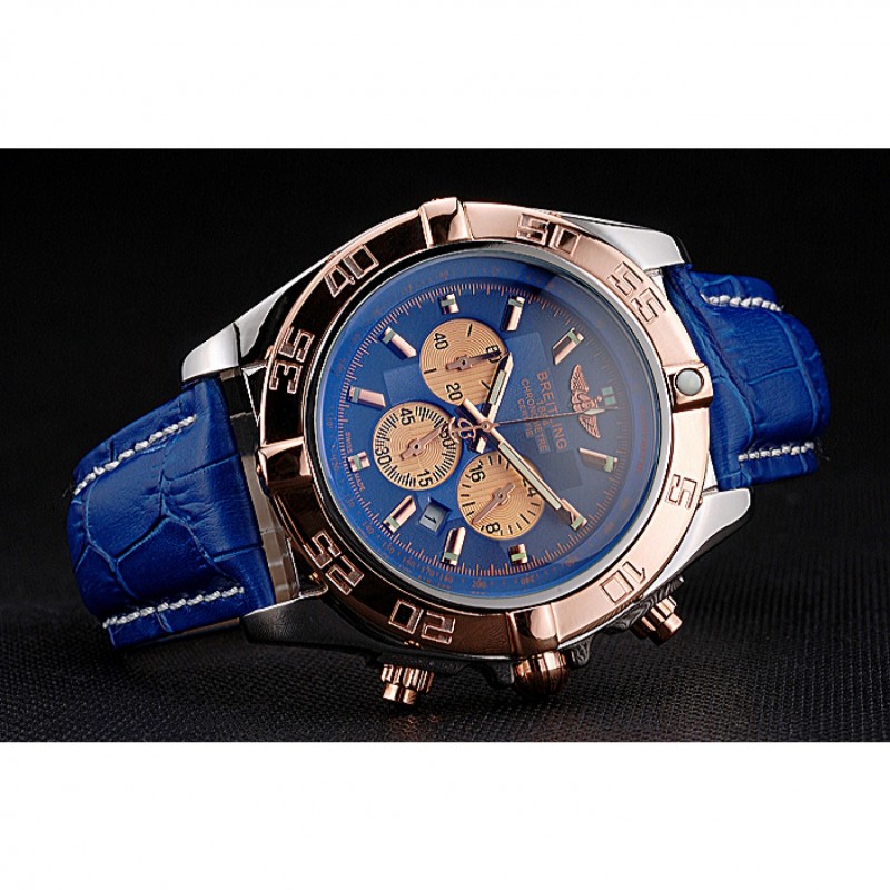 Breitling Chronomat Blue Dial Rose Gold Bezel And Subdials Stainless Steel Case Blue Leather Strap-4