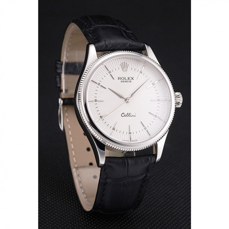 Swiss Rolex Cellini White Guilloche Dial Stainless Steel Case Black Leather Strap-2