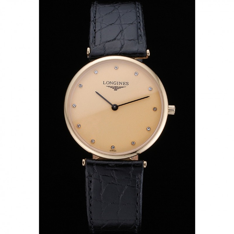Longines La Grande Classique Champagne Dial Black Leather Band Diamond Markers Homme 622121-1