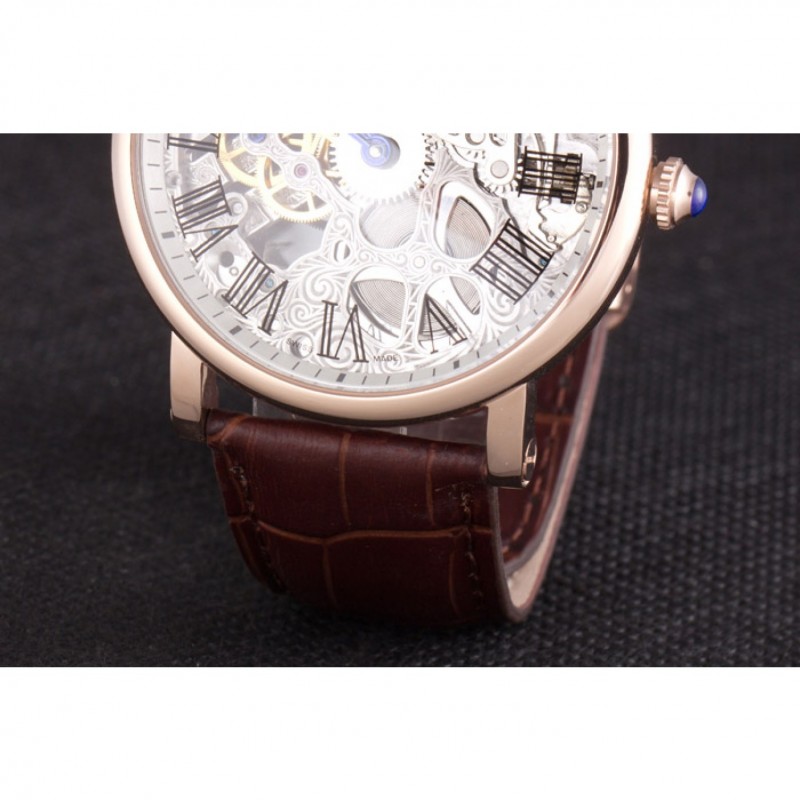 Luxury Cartier Luxury Skeleton Watch with Rose Gold Bezel and Brown Leather Band 621557-6