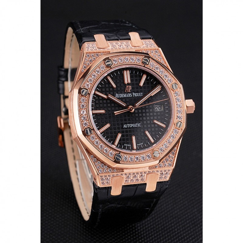 Swiss Audemars Piguet Royal Oak Black Dial Gold Case With Diamonds Black Leather Strap-2