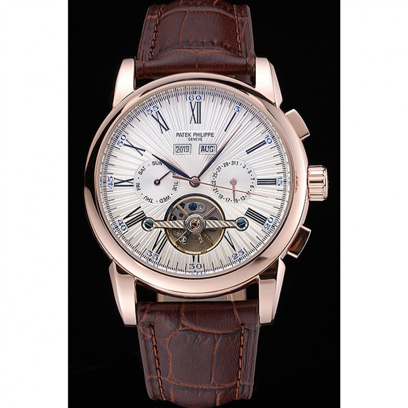 Patek Philippe Grand Complications Gold Case White Dial Roman Numerals Brown Leather Bracelet 622253-1