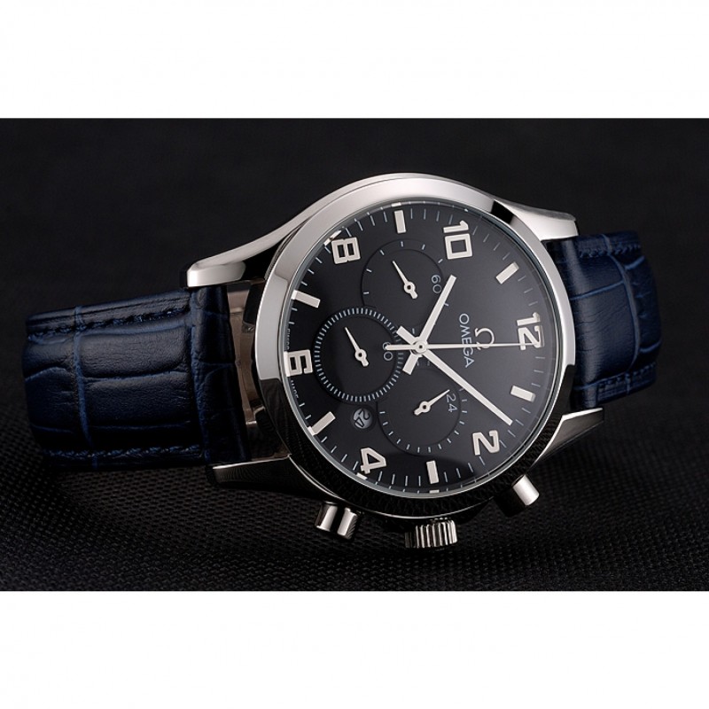 SS Replica Watches Omega Chronograph Black Dial Stainless Steel Case Blue Leather Strap-3
