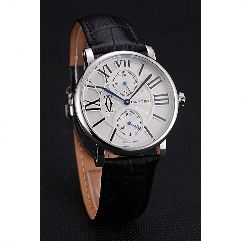 Cartier Ronde Second Time Zone White Dial Stainless Steel Case Black Leather Strap 622798-2