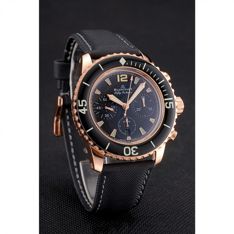 Swiss Blancpain Fifty Fathoms Flyback Chronograph Black Dial Black Bezel Rose Gold Case Black Canvas Strap-2
