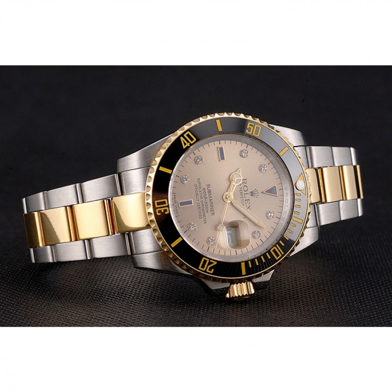 Swiss Rolex Submariner Gold Dial Diamond Markings Black Bezel Two Tone Steel Gold Bracelet-3