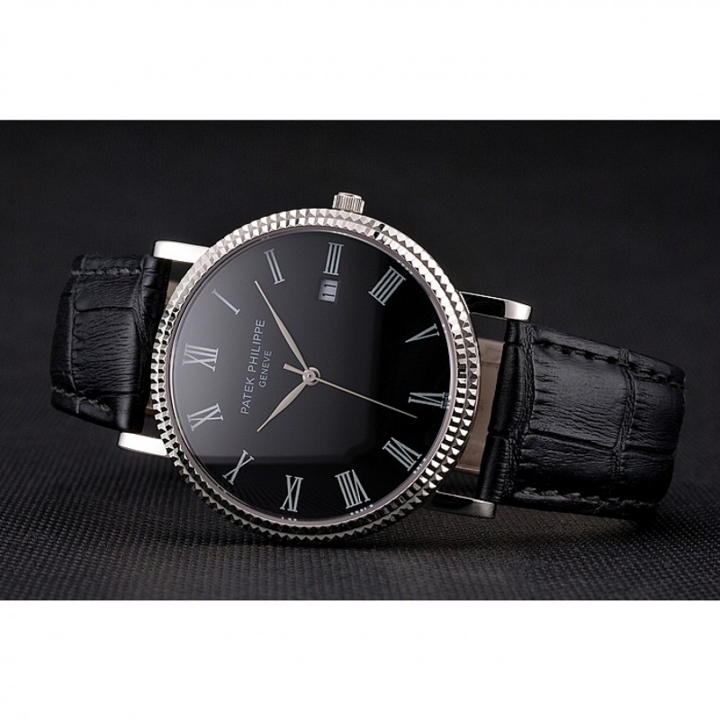 Patek Philippe Calatrava Black Dial Roman Numerals Ribbed Bezel Stainless Steel Case Black Leather Strap-4