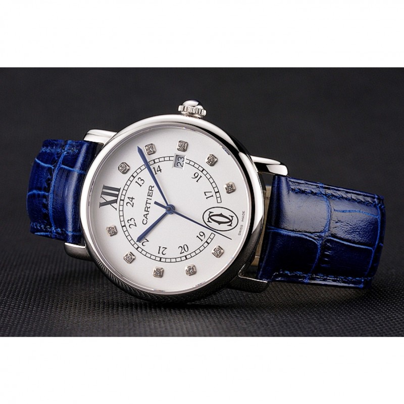 Cartier Ronde Solo White Dial Diamond Hour Marks Stainless Steel Case Blue Leather Strap-4