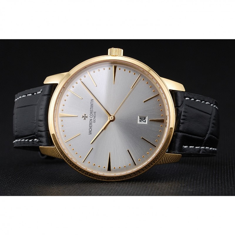 Swiss Vacheron Constantin Patrimony White Dial Gold Case Black Leather Bracelet 1454177-3