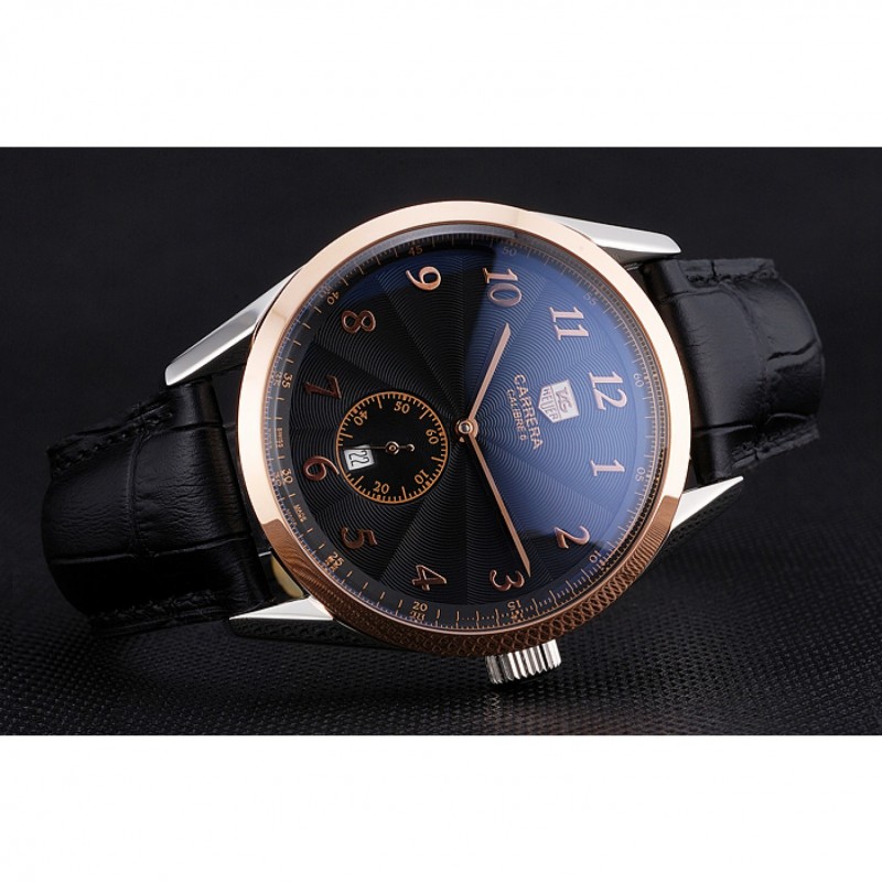 Tag Heuer Carerra Calibre 6 Black Dial Rose Gold Black Leather Band 622163-3