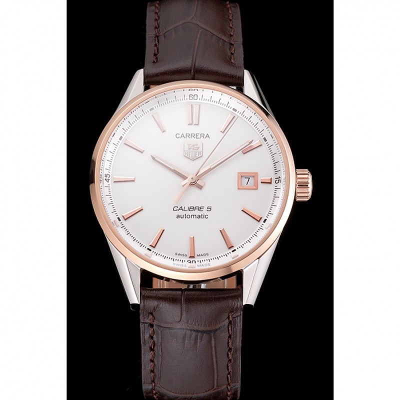 High Quality Replica Watches Swiss Tag Heuer Carrera Calibre 5 White Dial Rose Gold Case Brown Leather Strap-1