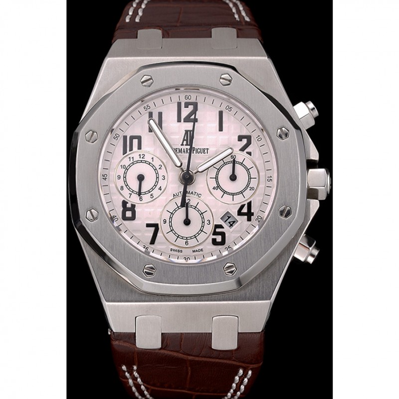 Swiss Audemars Piguet Royal Oak Chronograph White Dial Stainless Steel Case Brown Leather Strap 622864-1