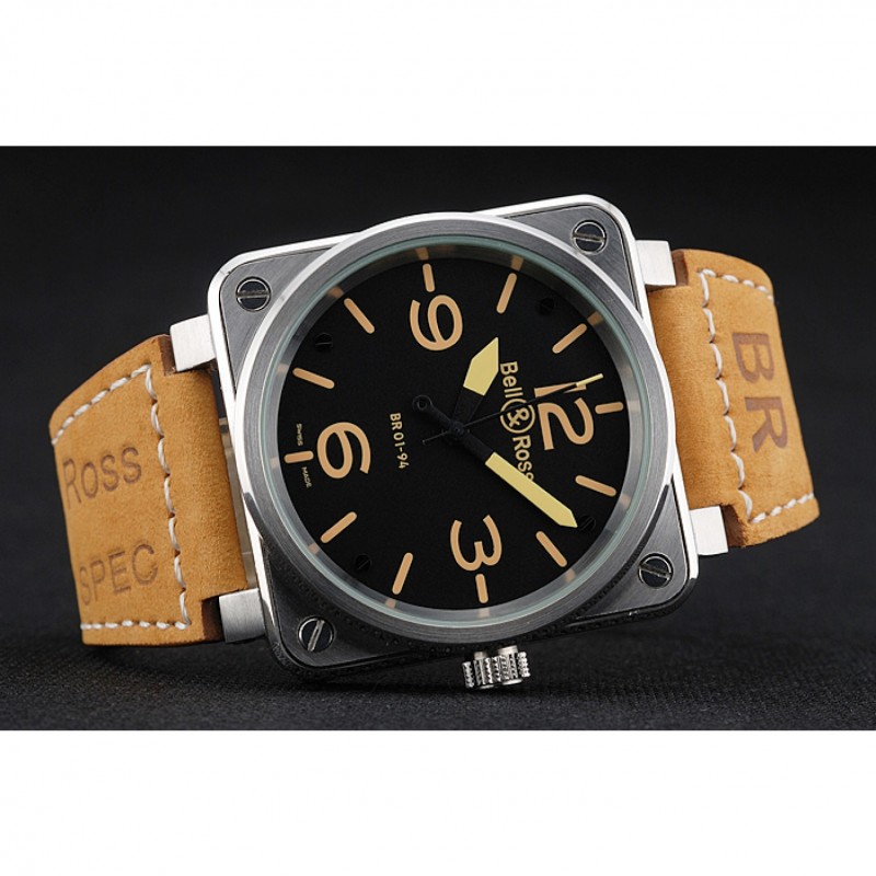 Bell and Ross BR 01-92 Black Dial Silver Case Gold Numerals Brown Leather Strap-3