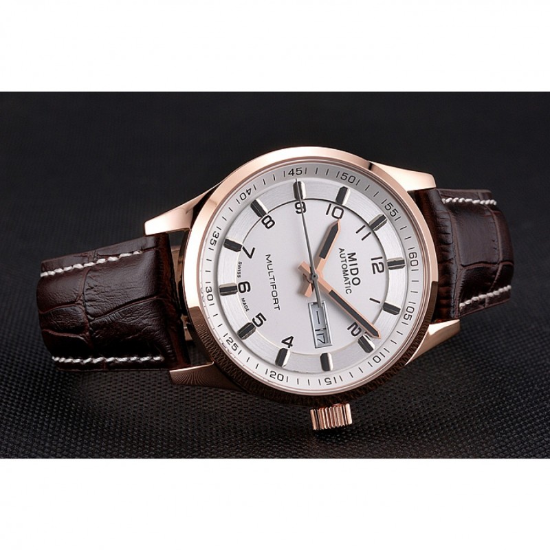 Mido Multifort Brown Croco Leather Strap White-Silver Dial 80300-3