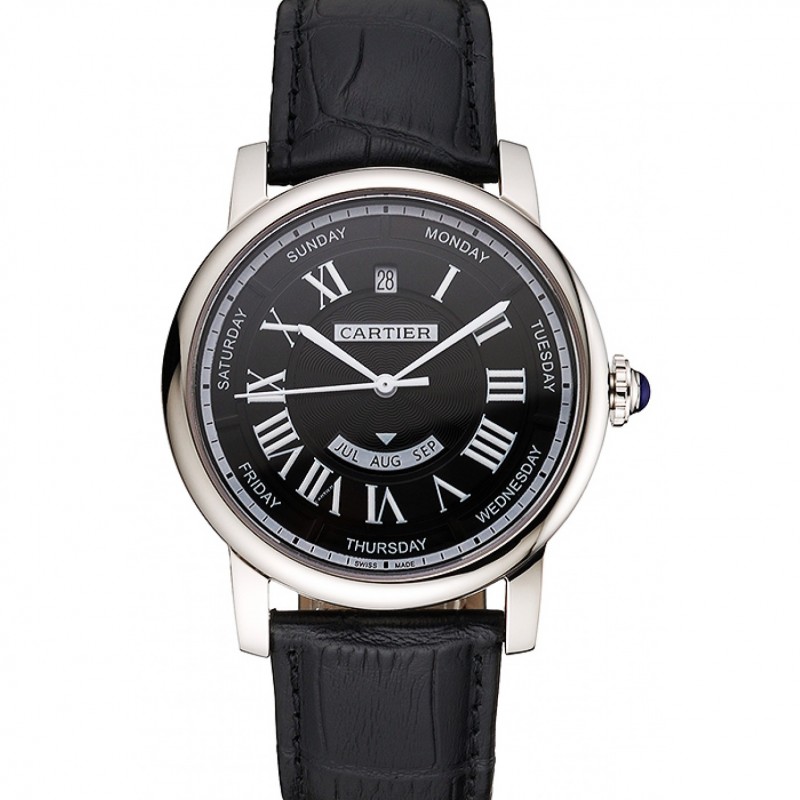 SS Replica Watches Swiss Cartier Rotonde Annual Calendar Black Dial Stainless Steel Case Black Leather Strap-0